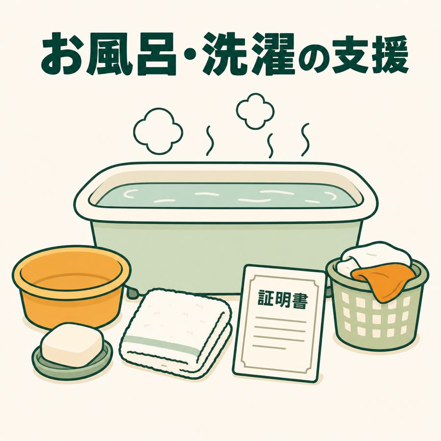 お風呂・洗濯の支援。持ち物は市町村の証明書、石けん、タオル